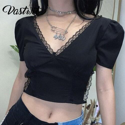 Black Gothic Tops for Women Summer Vintage Y2k Dark Academia Lace-Up Crop Top E-Girl V Neck Harajuku Short Sleeve Sexy T-Shirts
