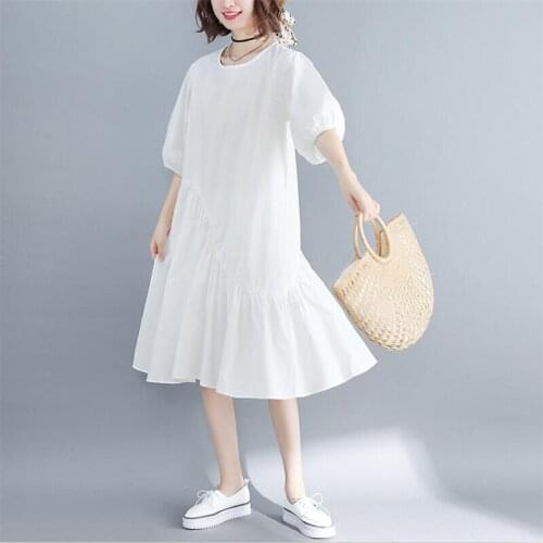 2020 Women Summer Casual Loose Cotton and Linen Dress Preppy Style Solid Half Lantern Sleeve Irregular Ruffles Shirt Dress