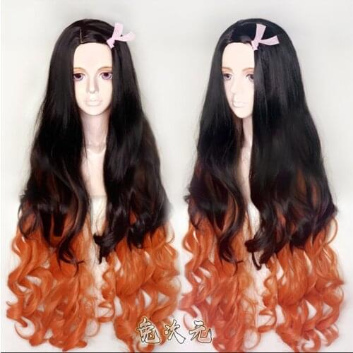 Anime Kamado Nezuko Cosplay Wig Blade of Demon Slayer Kimetsu no Yaiba Curly Hair Mixed Black Brown Wigs + Wig Cap +Free Silkbon