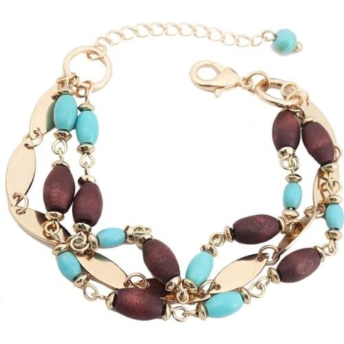 Turquoise Wooden Beaded Stacked Layers Bracelets for Women Vintage Fashion Jewelry