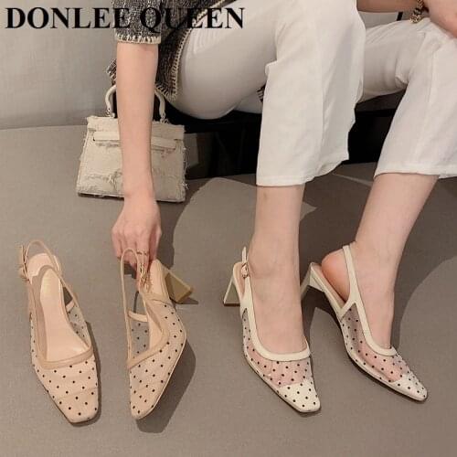 Fashion High Heel Sandals Women Square Toe Slingback Sandal For Party Shoes Slip On Mule Elegant Mesh Pumps 2021 Sandalias Mujer