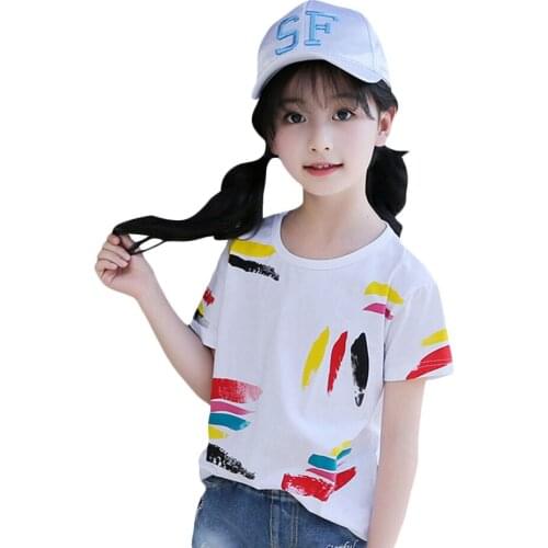 T-Shirt Girl Summer Kids T-shirt Print O-Neck Colorful T-Shirts For Children Cotton Casual Teen Childrens Clothing 5T-14T