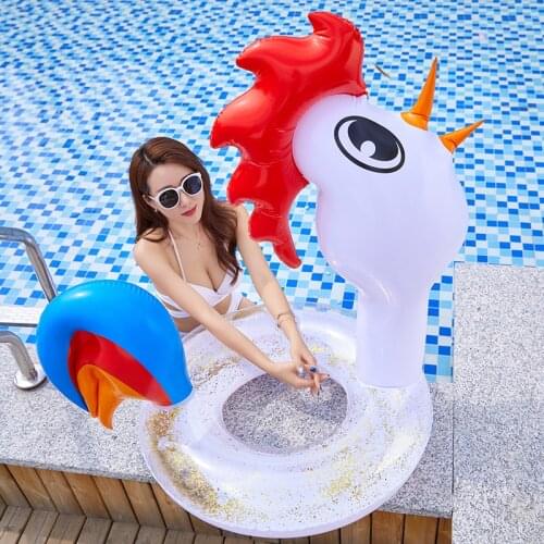 Giant Rooster Pool Float with Gold Rose Red Sequins Inside Animal Pool Tube Glitter Swim Ring Girls Beach Water Fun Party Toys