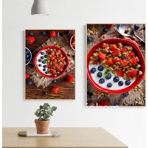 Delicious Food Canvas Painting Wall Decor Homemade Granola Breakfast Yogurt Fresh Fruit Milk Healthy Breakfast Kitchen Decor