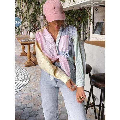 Sweet Woman Loose Colorful Stripe Shirts 2021 Spring Casual Oversized Patchwork Buttoon Tops Girls Sweety Shirt