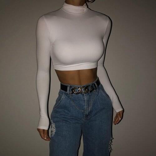 Fashion Turntleneck Long Sleeve Womens Tshirt Casual Black White Crop Top T-shirt Ladies Korean Style Basic Tee Shirt Streetwear