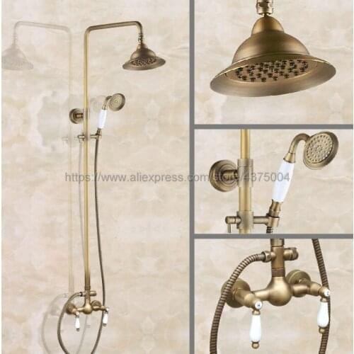 Antique Brass 7 inch Rain Shower head Shower Faucet Set Double Handle Bathroom Shower Mixer Taps Nan120
