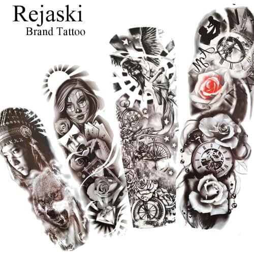 Rejaski Long Arm Temporary Tattoo Stickers Compass Flower Girls Face Waterproof Full Legs Fake Tattoo Paper For Men Women Rose