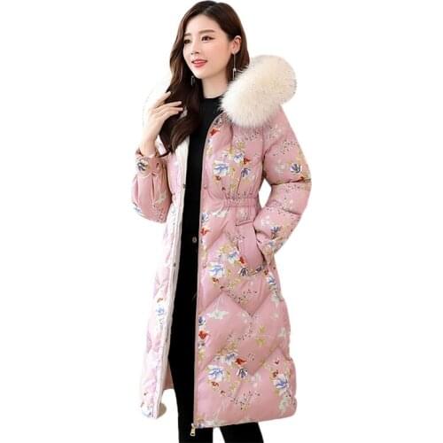 New Womens Cotton Simple Hooded Parker Slim Jacket Fashion Long Sleeve Flower Long Fur Collar Cotton Coat 2019 Winter Outerwear