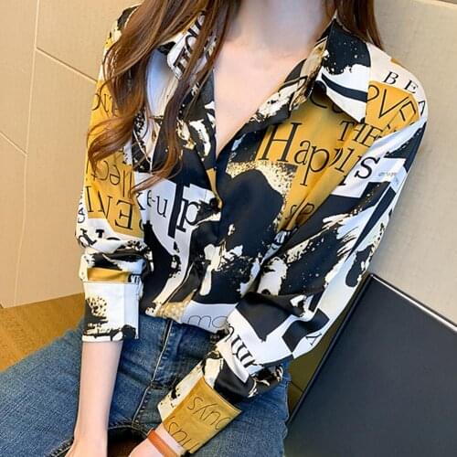 Autumn Women Long Sleeve Scrawling Letters Print Buttons Chiffon Shirt Blouse