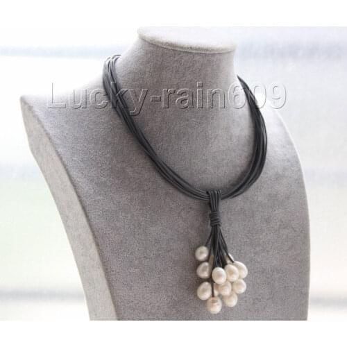 Genuine 16" 15row 14mm white pearls dark gray leather necklace