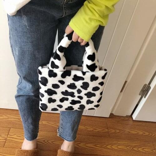 Plush Cartoon Handbags Winter Shoulder Bag Cute Milk Cow Pattern Hand Bag Women Solid Color Ladies Bag Tote Chiristmas Gift Bag