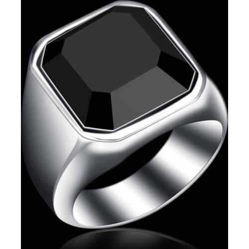 Size 8~13 Polishing Black Stone Ring 316L Stainless Steel Jewelry Cool Polishing Simple Square Cocktail Ring