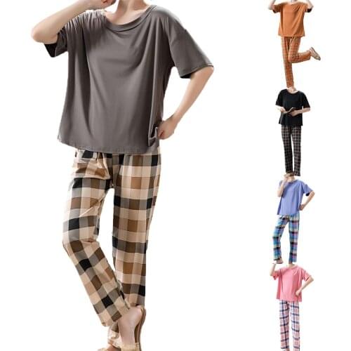 Women Short Sleeve O Neck Blouse Elegant Slim Pullover Tops Plaid Pants T-shirt Blouse Plaid Pants Loose Pajamas Sleepwear Set