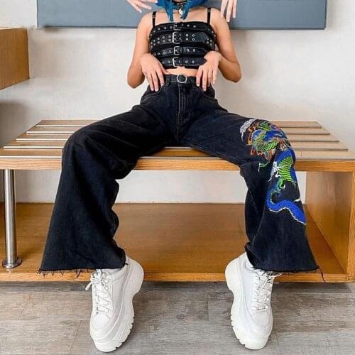 2021 Harajuku Black High Waist Denim Pants Capris Casual Dragon Embroidery Jeans Trousers Women Hip Hip Straight Pants Y2K