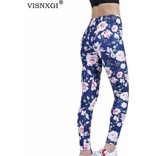 VISNXGI Fitness Women Leggings Push Up Gym Fitness High Waist Workout Navy Flowers Fashion Patchwork Print High Waist New Pants