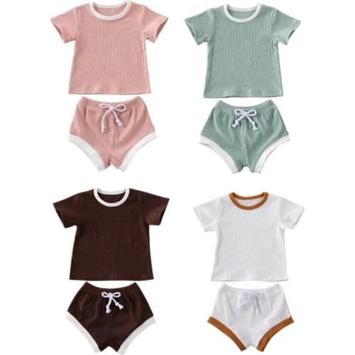 2PCS Infant Baby Girls Boys Clothes Knitted Short Sleeve T-shirt Tops + Shorts Outfit Sunsuit 0-3Y