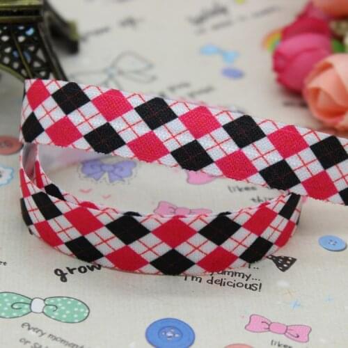 5/8 inch Free shipping Fold Over Elastic FOE grid printed ribbon headband hair band diy decoration wholesale OEM B138