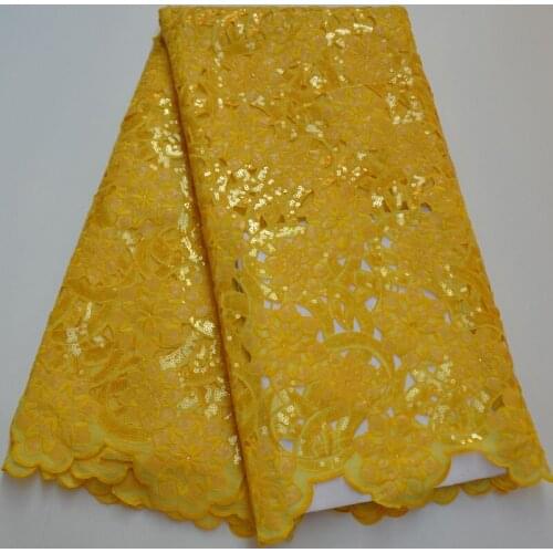 5yards/pc) excellent sequins embroidered hand cut African organza lace fabric in yellow high quality for party dress OP31