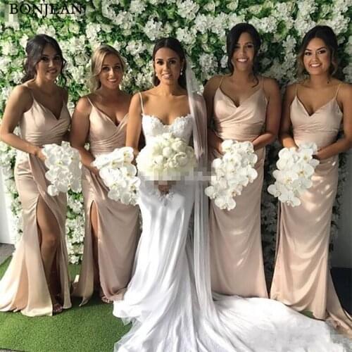 Cheap Blush Sexy Spaghetti Straps Mermaid Bridesmaid Dresses Modern Side Split Sweep Train Wedding Guest Dress Maid of Honor