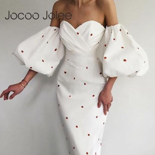 Jocoo Jolee Women Printing Lantern Sleeve Off Shoulder Summer Backless Sexy Pleated High Waist Skinny Elegant Party Long Dress