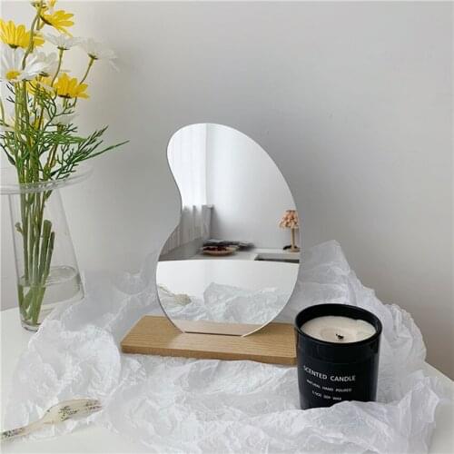 Resin Makeup Mirror for Desk with Wood Stand, Desk Decorative Vanity Mirror, Frameless Table Top for Bedroom, Living Room