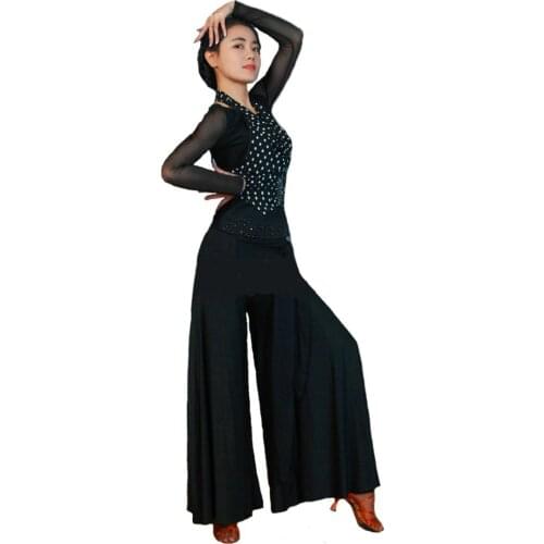 Latin Dance Sets blouse and pants big flare pants mesh sleeve neck halter top blouse latin dance suit