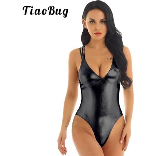 TiaoBug Women Shiny Metallic Strappy V-Neck Gymnastics Ballet Leotard Stage Dance Costume Beachwear Bathing Suits Sexy Bodysuit