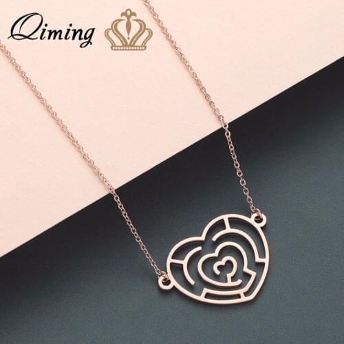 QIMING Minimalist Labyrinth Simple Wedding Necklace Female Women Love Heart Engagement Rose Gold Jewelry Accessories Collier