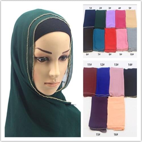 Fashion luxury gold beads borders scarf women shawl plain solid chiffon bandana foulard hijab muslim wraps 10pcs free shipping
