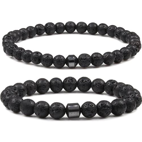 Men Natural Rock Stone Bracelet Energy Hematite Cylinder Black Lava Diffuser 6/8mm Beads Bracelets for Women Yoga Strand Jewelry