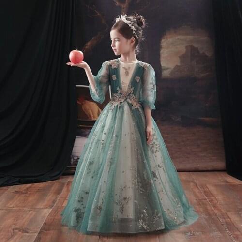 Flower Girl Dresses Embroidery Beading Princess Sequined Lace Ball Gown Tiered Floor-Length Tulle O-Neck Kids Party Skirt H054