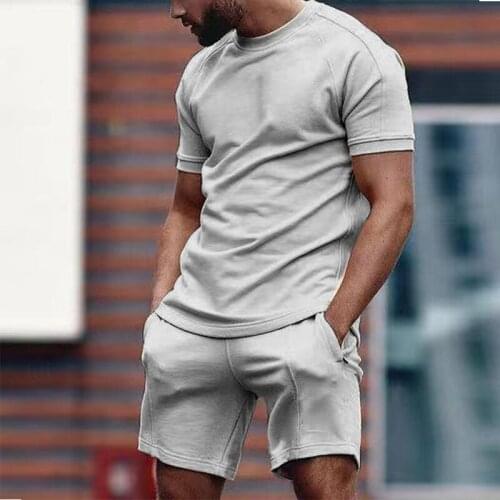 Sports Casual Men Tracksuit Solid Color Two Piece Sets O-Neck Tops And Drawstring Shorts Outfits 2021 Summer Fashion Streetwear