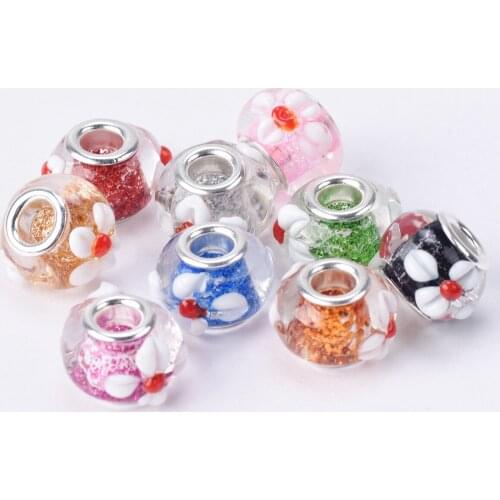 5pcs 15x10mm Round Handmade Lampwork Glass Flower Patterns Glittery European Charms Loose Big Hole Beads for DIY Bracelet