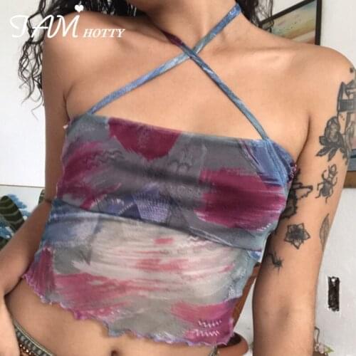 Floral Printed Cross Bandage Halter Cami Top Tee Women Sexy Mesh Transparent Crop Tops Beach Club Bustier Corset Summer Iamhotty