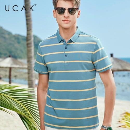 UCAK Brand Classic Turn-down Collar Striped T-Shirt Men Clothes Summer New Fashion Style Streetwear Casual Cotton Tee Tops U5594