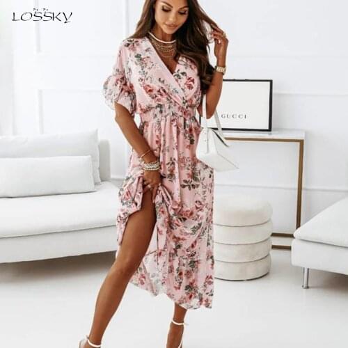 Summer Boho Vintage Ruffles Short Sleeve Chiffon Maxi Dress Elegant Pink Floral Elastic Waist Party Night Dresses For Woman Robe