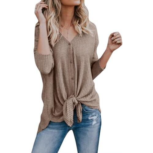 Women Lady Tie Knot Blouses Crop Tops Long Sleeve Deep V Neck Shirts Elegant Blouses Shirts Sexy Casual Tops