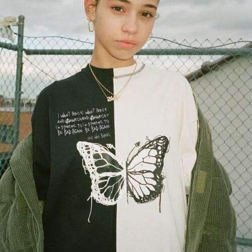 SEASONS Butterfly Printed Patchwork Long T-shirt Cotton Loose Tee Shirt Women Casual Streetwear Half Sleeve T Shirts ASTS80583