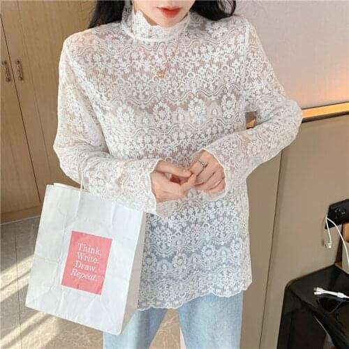 New 2020 Spring Summer Womens Blouse Lace Elegant Hollowing Out Cochet Mesh Bottoming Sweet Long Casual Tops Z215