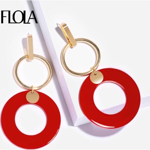 FLOLA Statement Red Resin Drop Earrings Girl Punk Gold Metal Circle Pendant Earrings Vintage Jewelry Ear Oorbellen ersn33