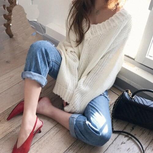 Autumn Women Knitted Sweater Pullover Long Sleeve V Neck Sweater Winter Female Fashion Loose Casual Pullovers Tops Solid Jumper