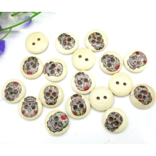 100pcs 15mm Fashion Mixed Natural Round Skull Pattern Wooden Buttons For Clothes Crafts Sewing Scrapbooking DIY Accessories