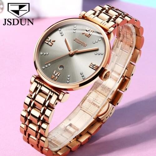 JSDUN Sapphire Elegant Watch Women Luxury Stainless Steel Calendar Bracelet Wristwatch Waterproof Famous Ladies Watches Gifts