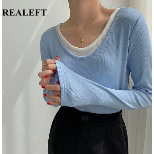 REALEFT Autumn Casual Womens T-Shirts O-Neck Long Sleeve Loose Shirts Minimalism Bottoming Female Patchwork Knitwear Tops