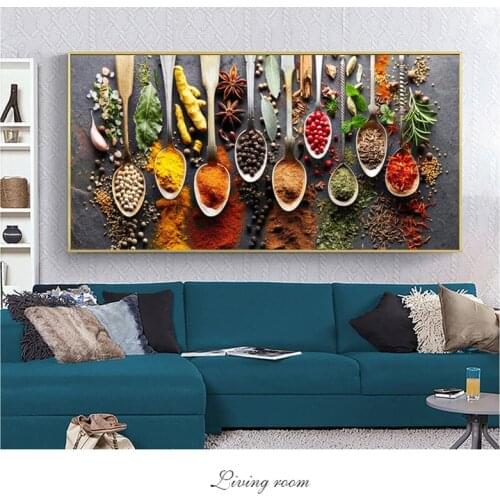 Kitchen Themed Wall Art Decor Colorful Spice and Spoon In Table Canvas Paintings Food Cooking Ingredients Canvas Art Print Decor