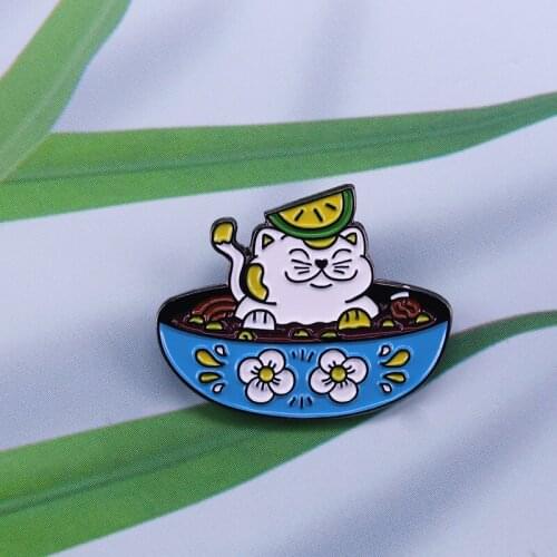 Kawaii Bowl enamel pin cute cat in Zen Noodle Bowl brooch