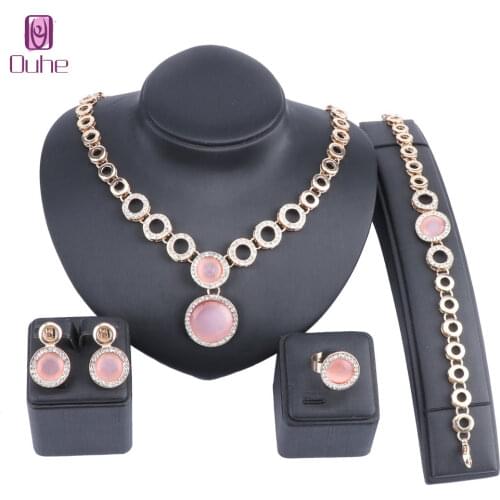 Luxury Gold Color New Collier Femme Cats eye Crystal Necklace Earring Bracelet Ring For Women Party Wedding Jewelry Sets
