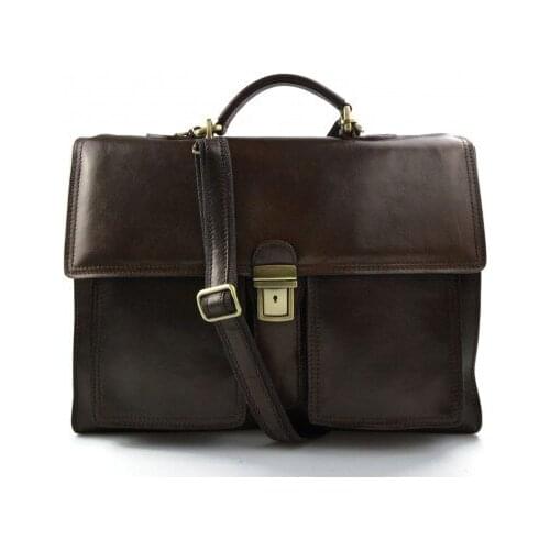 Leather briefcase business bag conference bag satchel matt dark brown