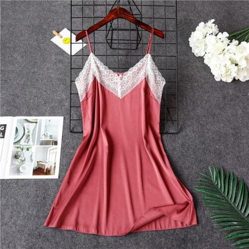 XXL lace womens silk nightgown homewear sleepwear night dress sexy womens clothing mini lingere Satin Sleepshirts PINK RED
